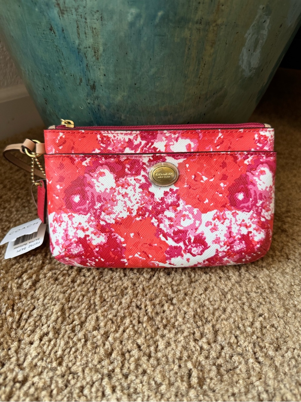 Coach Red and Pink Floral Wristlet Pouch with Gold Hardware